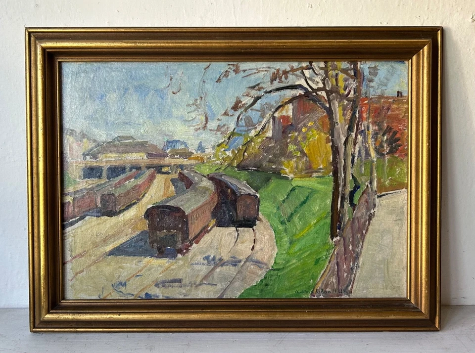 Ölbild Axel Bredsdorff 1934 Züge Wagons auf Abstellgleisen Bahnhof Stadtbild - Bild 1 von 4
