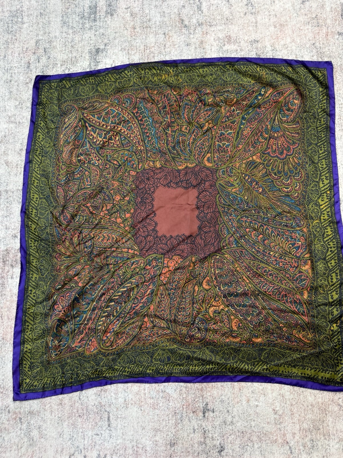 VTG Perry Ellis 100% Silk Floral Scarf Made in Japan 34” Brown Purple Peacock
