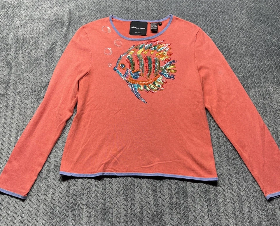 Suéter Michael Simon Nueva York Grande Hilado Seda Coral Tropical Peces Lentejuelas Cuentas Foto 3 de 4