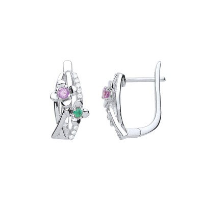Silber Jewelco London rosa & grün CZ Duo Blume Blütenblatt Ohrhänger