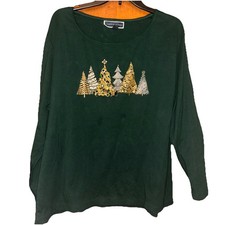 Karen Scott 2X Green Christmas Tree Embellished Top Long Sleeve Holiday Tee