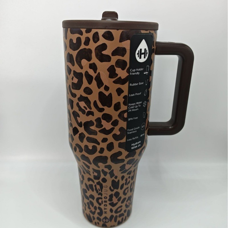 40oz Large-Capacity Insulated Car Tumbler Handle and Leak Leopard