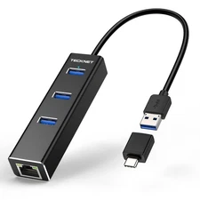USB C to Ethernet Adapter Aluminum 3 Port USB 3.0 Hub RJ45 Gigabit LAN