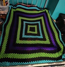Handmade Crochet Afghan Blanket 61x72 Granny Square Neon Green Blue Purple Black