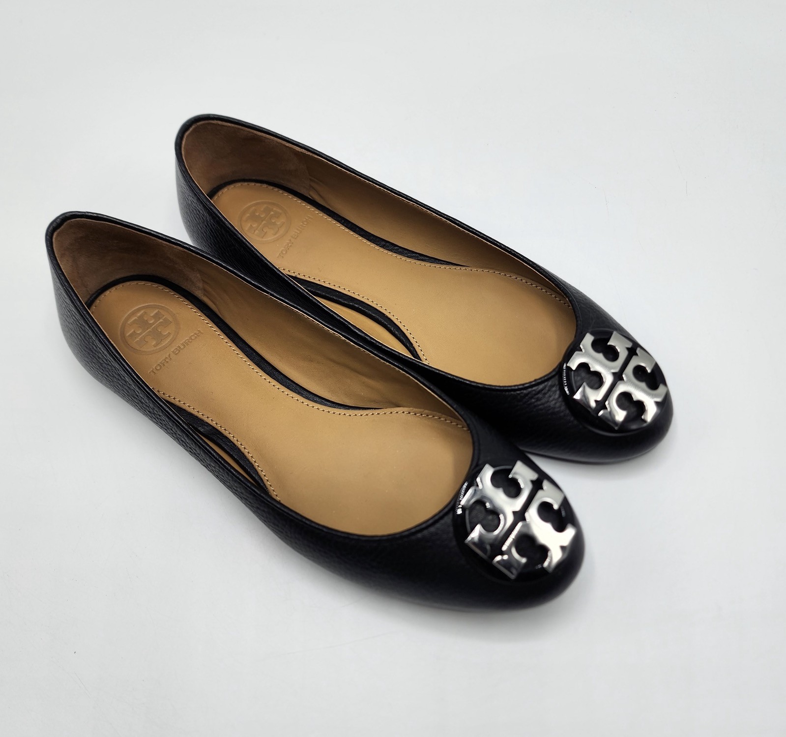 Tory Burch Claire Black Tumbled Leather Ballet Flats Sz 6 US Worn Once thumbnail 3