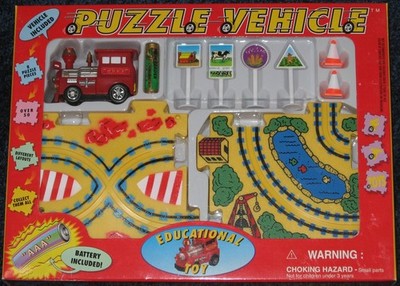 Vintage Battery Powered Red Train Puzzle Vehicle Set NEW Free Ship !
