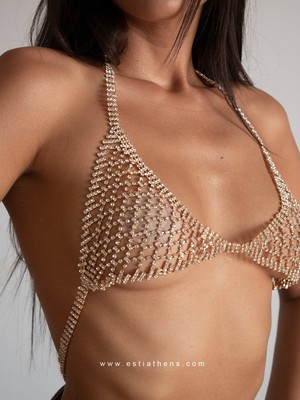 NATASHA Couture Chain Net Silver Crystal Bralette Top One Size 