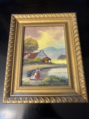 Vintage Carl Roth Oil Painting Landscape w/ Ornate Wood Frame European Style 5x7