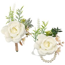 Ivory Boutonniere and Wrist Corsage Set 2PCS Artificial Flower with Pearl Wri...