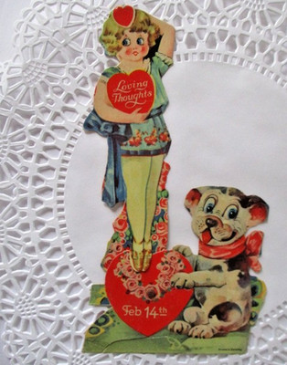 ANTIQUE GERMAN MECHANICAL VALENTINE CARD BULLDOG & LADY