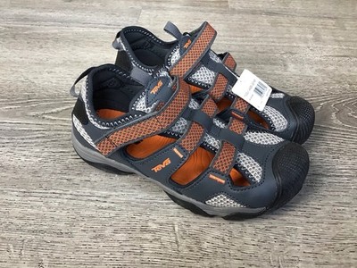 Teva Jansen Fisherman Sandals Boys Size 4 Toe Cap Gray Orange Leather Hiking