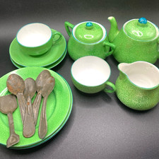 Vintage Meito China Child  s Green Tea Set Japan 9 Piece set with Metal Utensils
