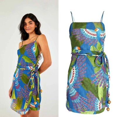 farm rio blue macaw mini dress Farm Rio Macaw Print Mini Wrap Dress In Blue Multi Size S