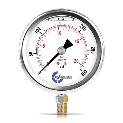 CARBO INSTRUMENTS 4" Pressure Gauge, Stainless Steel Case, Liquid Filled, Lower Mnt 300 PSI