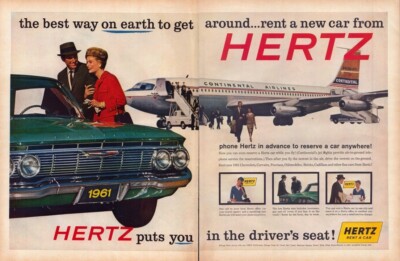 1960 Hertz Rental Car TWO PAGE Print Ad Continental Airlines  Best Way on Earth