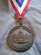 Vintage Beauty Queen Medal Red White Blue Ribbon Necklace.