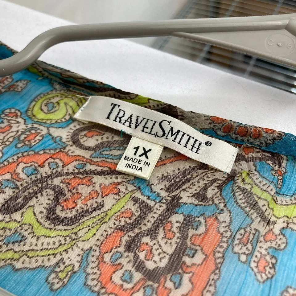 Top TravelSmith Para Mujer Turquesa Cachemira Fluido Boho Artístico Aireado con Volantes Talla 1X Foto 2 de 4