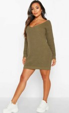 BNWT Boohoo Ladies V Neck Jumper Mini Dress Taupe Brown Size S 6/8