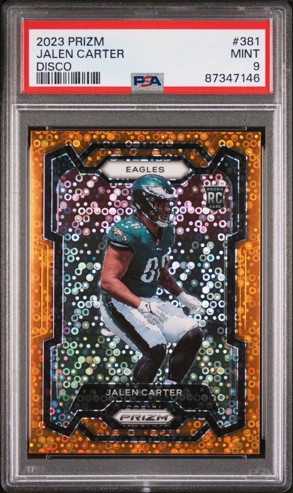 PSA 9 MINT 2023 PANINI PRIZM ORANGE DISCO JALEN CARTER RC #381 EAGLES