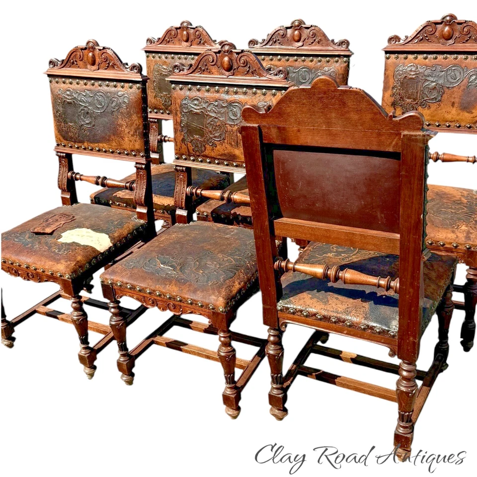 Antique Heavily carved victorian  renaissance 6 castle  chairs leather 1880 - Image 2 of 4