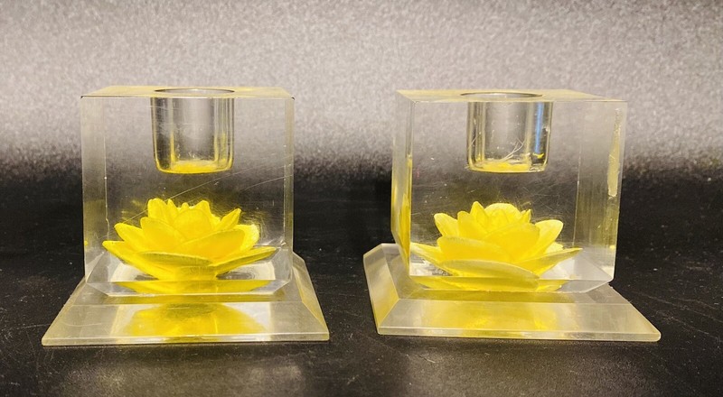 Vintage Pair Of Acrylic Lucite Candle Holders With Yellow Rose (2)
