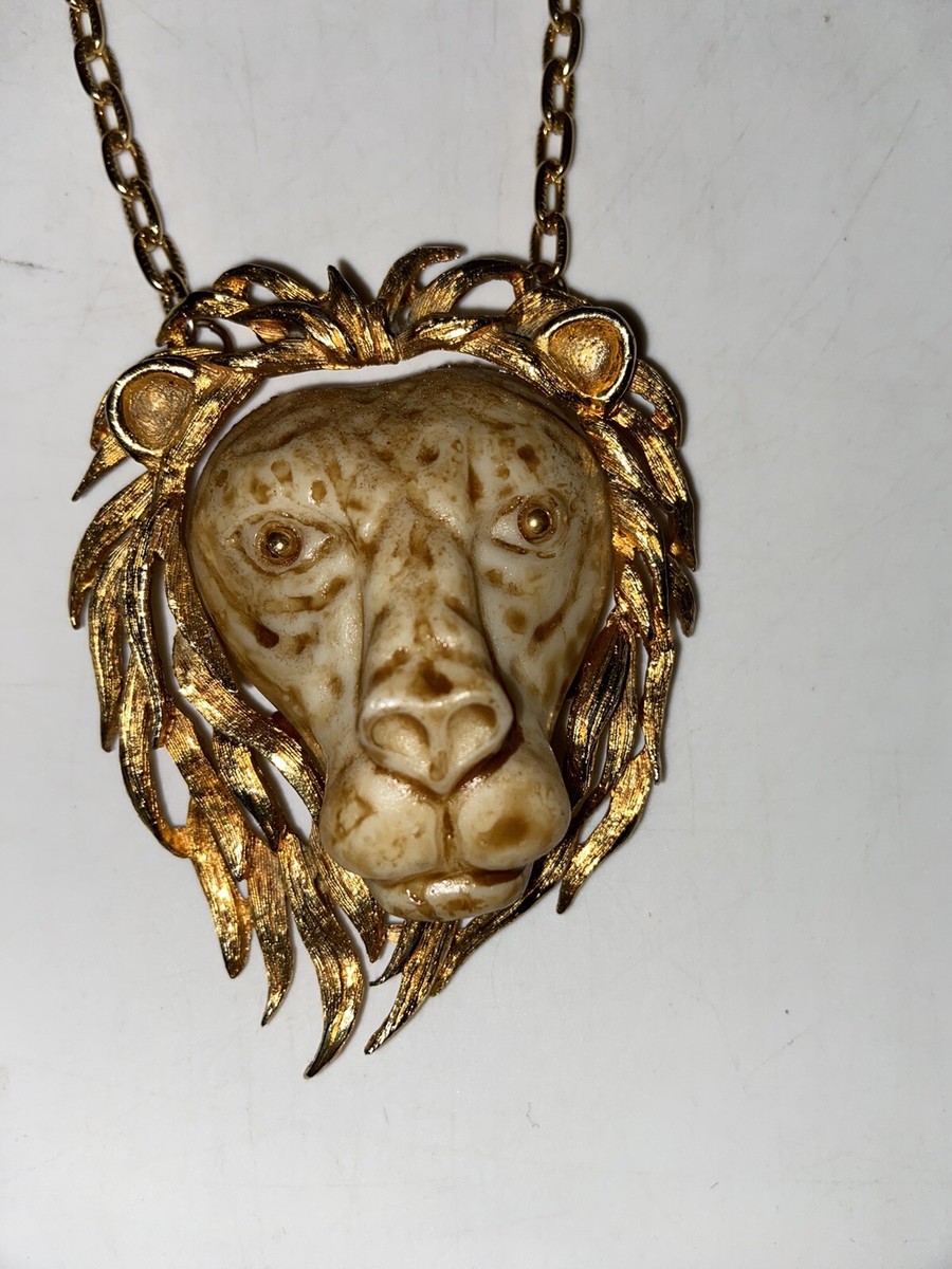Vintage 70s Luca Razza Leo Lion Head Pendant Necklace Gold Tone 18
