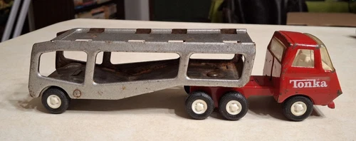 Vintage Tonka Truck Car Trailer Carrier 1970s Silver Metal Steel Mini 55230 Set
