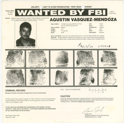 Wanted for DEA Agent Murder Agustin Vasquez-Mendoza orig 1996 FBI Posting