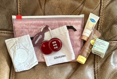 Glossier cherry lock w/ storage bag & bonus makeup samples 