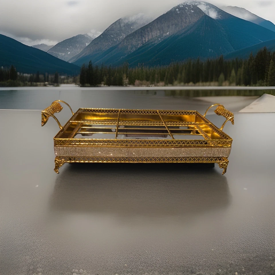 Goldenes Metall Deko Tablett Vintage Servier Asiatisch (12x24x46cm), 8x24x36cm - Bild 3 von 4