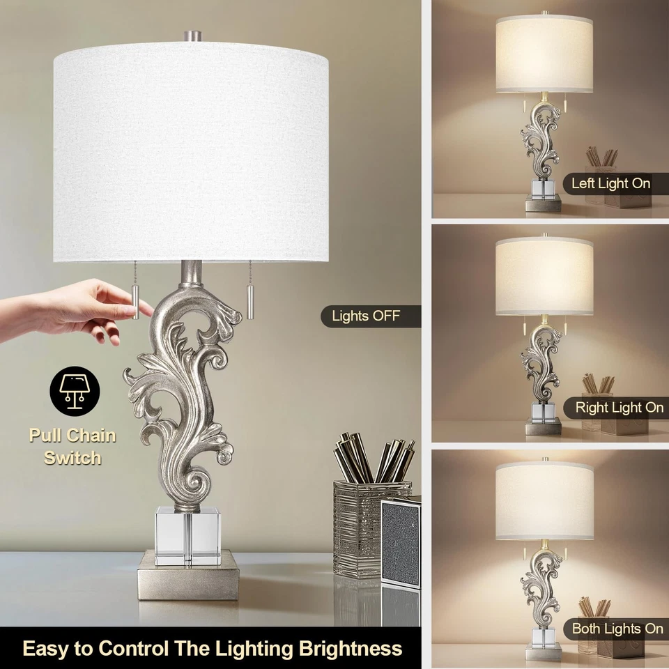 Juego de 2 lámparas de mesa con puertos USB, interruptor de cadena de tracción, 27” Silver Leaf Sculp... Foto 4 de 4