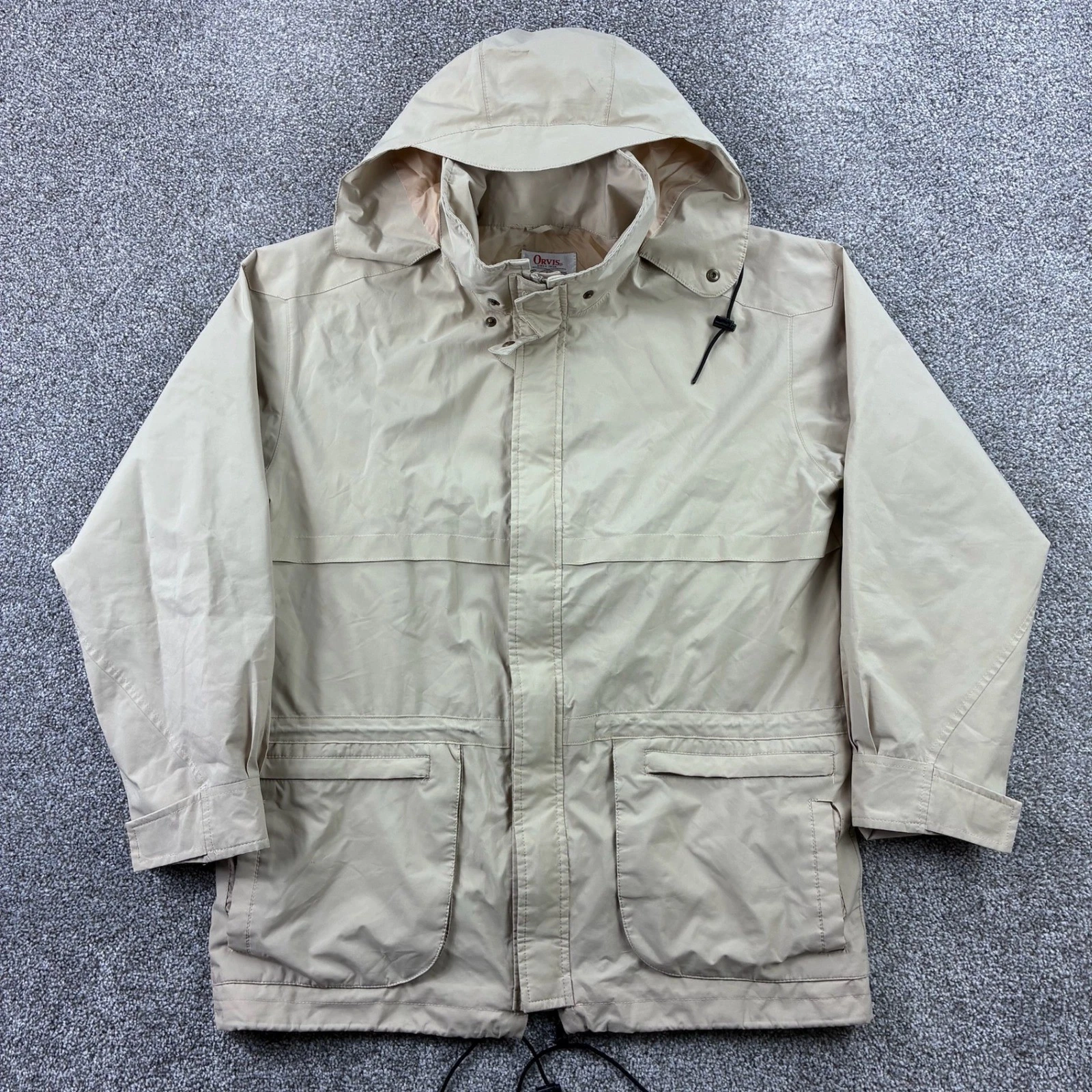 Vintage Orvis Field Jacket Mens Large Khaki Tan Hooded Zip Fly Fishing Utility
