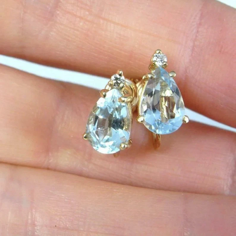 1ct Natural Pear Cut Aquamarine & Diamond Teardrop Earring 14k Solid Yellow Gold - Image 2 of 4