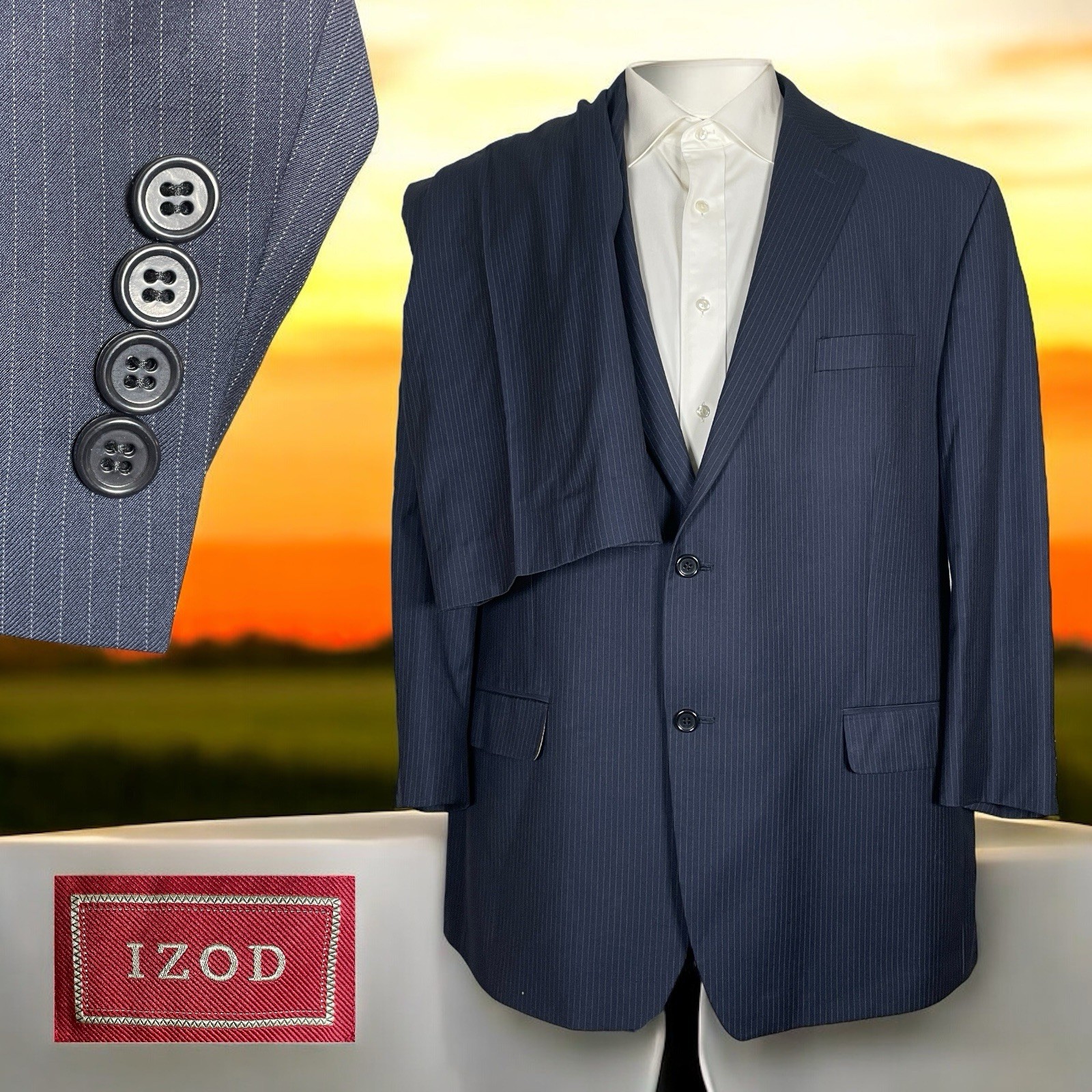 Izod 2 Piece Suit Mens 48R 42x26 Navy Blue Striped Polyester