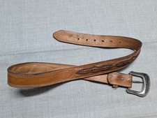 vintage WESTERN buckle belt TOOLED leather belt 36 handmade COWHIDE brown