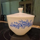 2 Vintage Serving Bowls One Lid Blue Flowers  White Lid - Federal Glass Company