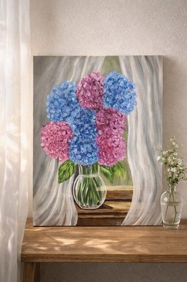 Hydrangea Flower Painting Blue Pink Floral Wall Art Cottage Decor 18x20