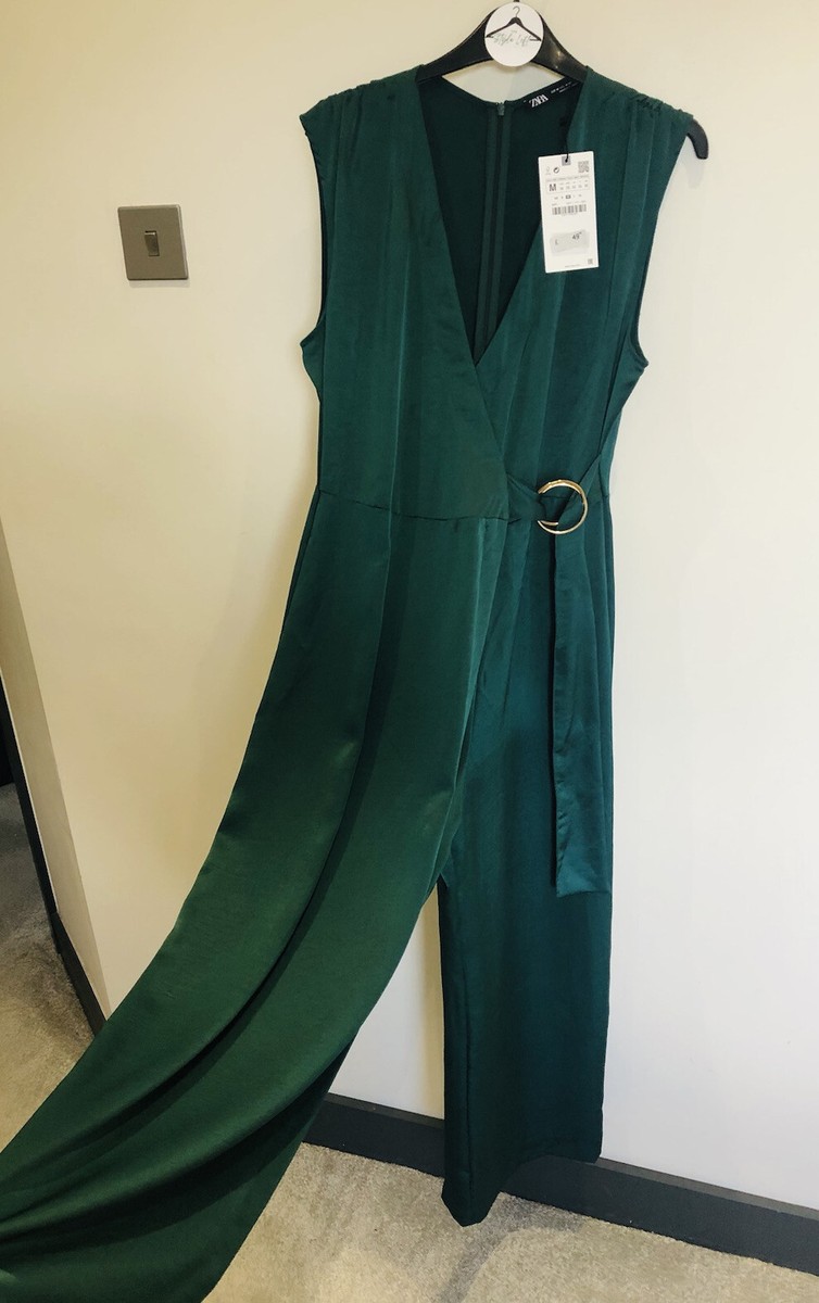 Zara Emerald Green Satin Belted Wrap Jumpsuit Wide Leg Size M New