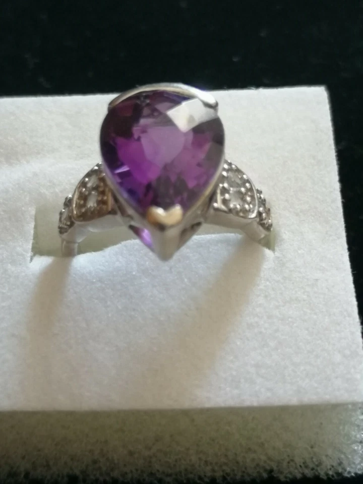 Anello da donna in argento 925 con ametista e zirconi degli anni 70 - Immagine 2 di 4