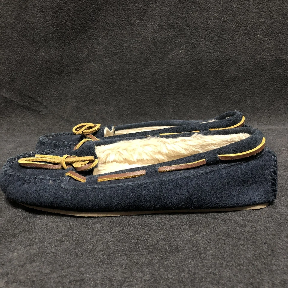 Mocasines Minnetonka Zapatillas Azul Marino Gamuza Cuero Lazo 4014 Mujer’s Talla 6 Foto 3 de 4