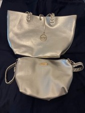BCBG Paris Beige Pebbled Faux Leather purse, and matching tote. Gold.