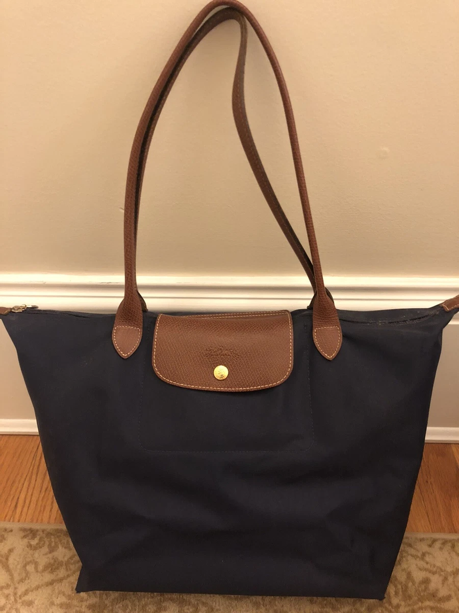 Longchamp Navy Nylon Tote Medium With Brown Leather Handle