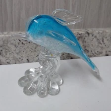 Hand Blown Glass Art Dolphin Leaping Wave Blue White Clear Decor Control Bubbles