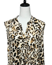 Chicos Animal Print Sharkbite Hem Top Womens XL 3 Brown Split V Neck Tunic