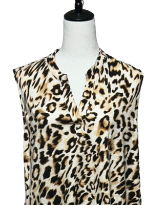 Chicos Animal Print Sharkbite Hem Top Womens XL 3 Brown Split V Neck Tunic