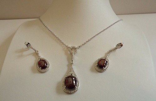925 STERLING SILVER DANGLING NECKLACE & EARRING SET LAB CREATED DIAMOND/GARNET