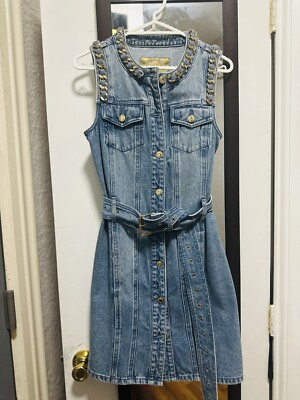 Denim Michael Kors Chain Halter Dress Misook Modern Fit A-Line Curb Chain  Double Strap Knit