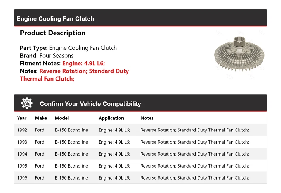 Embrague ventilador refrigeración motor 4 estaciones Ford E-150 Econoline 1992-1996 4,9 L L6 Foto 2 de 4