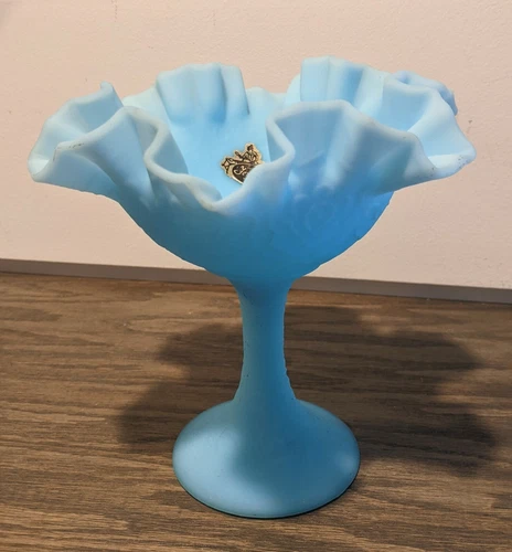 Fenton Persian Medallion blue milk satin glass compote ruffled edge
