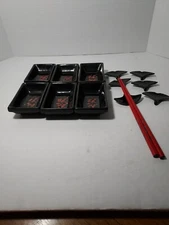 Set/6 Black & Red Floral Asian Dipping Sauce Or Sushi Dishes & Chopstick Rests